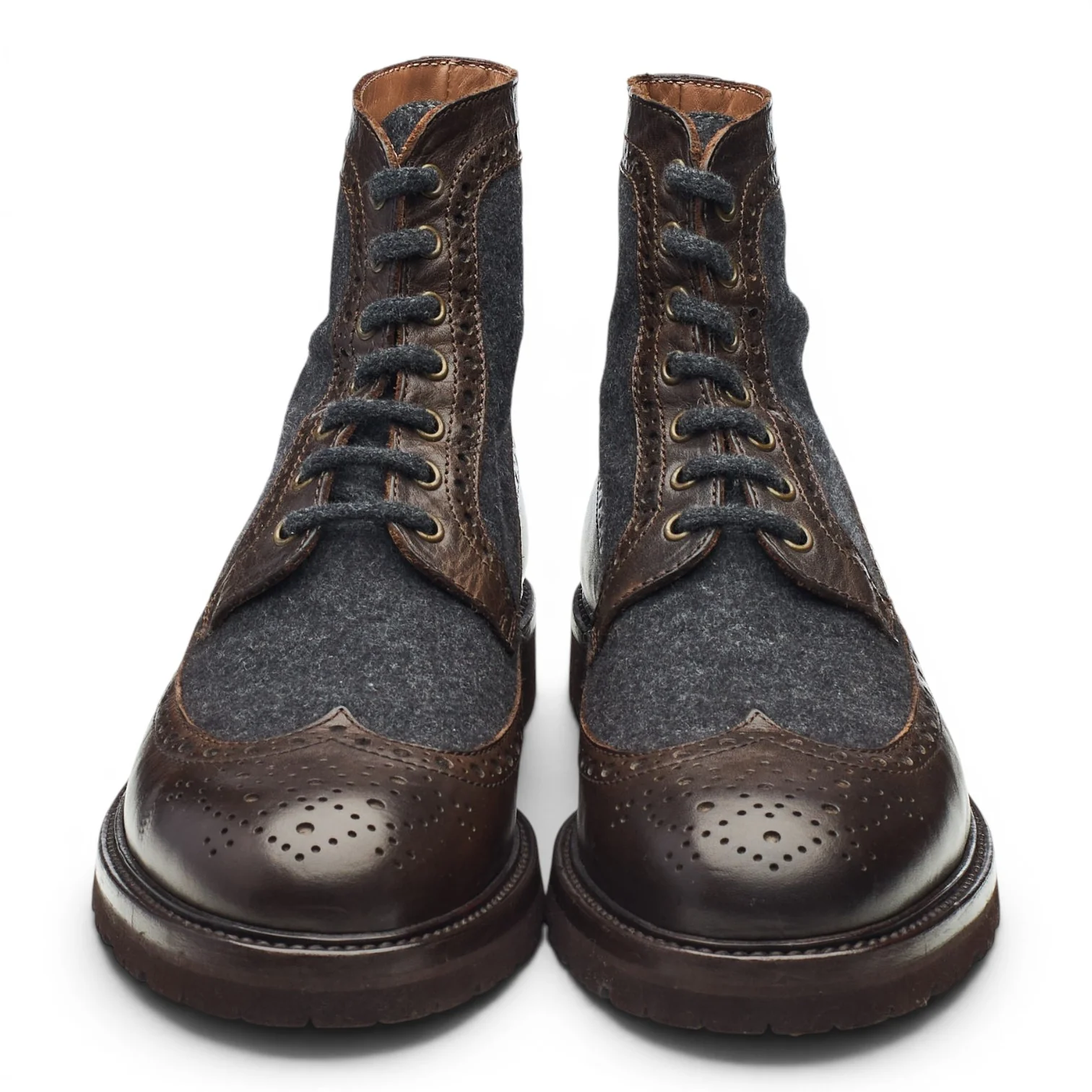 Dark Brown Leather Navy Blue Wool Brogue Boots UK 10 EU 44 - Image 2